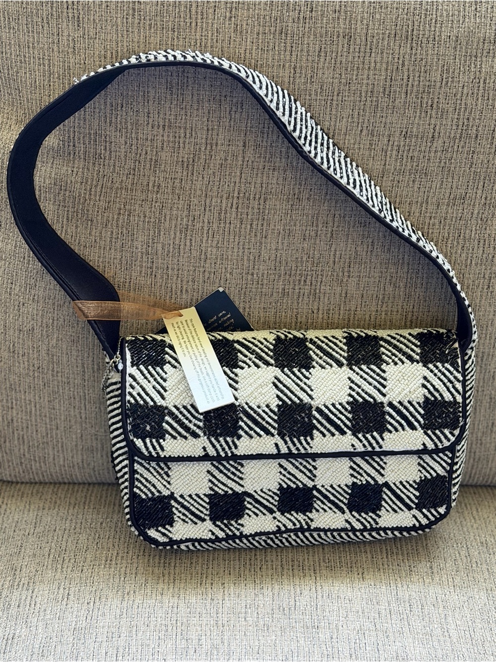 Viral Beaded bag - Black & White Checkered Plaid Shoulder Bag - NWT